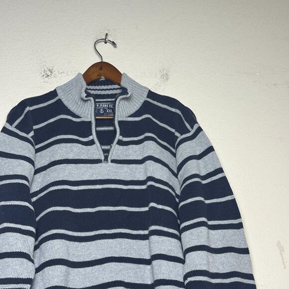 Nautica Jeans Co 1/4 Zip Casual Striped Blue Grey Waffle Knit Sweater Men 2XL - Picture 7 of 12